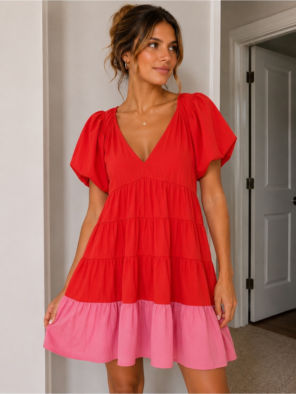 entro Red Tiered V-Neck Mini Dress with Pink Hem